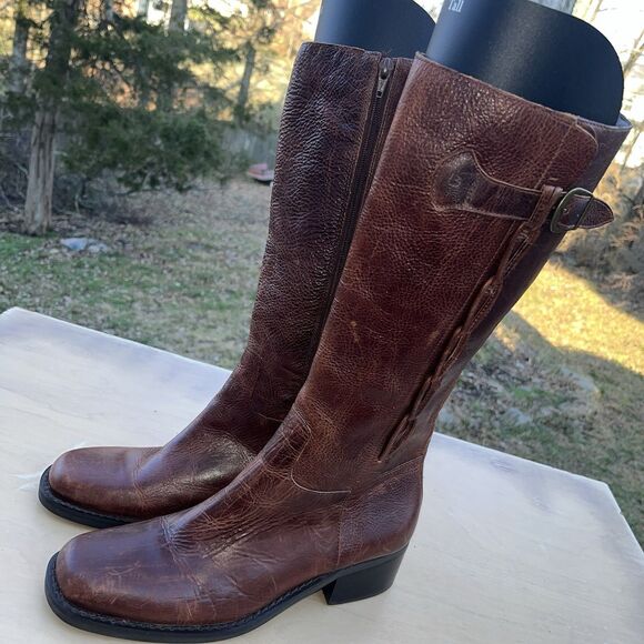 Shoes - Vintage Civico 10 Brown Leather Riding Boots Women Sz 10 Braid Accent Side Zip